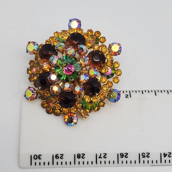 Watermelon Rivoli Rhinestone Dome Brooch Round Floral Starburst Pin Mid Century - Picture 5 of 8